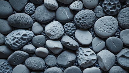Fototapete - Textured gray pebbles arranged in a natural pattern creating a calm and serene background perfect for design, layout, or artistic projects.
