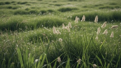 Poster - Lush Green Grass Meadow with Delicate Wildflowers and Expansive Copy Space for Textual Content
