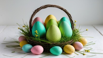 Aufkleber - Colorful Easter eggs in a woven basket with fresh grass and spring flowers on a light background celebrating the festive season.