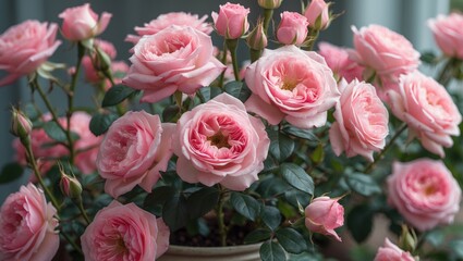 Leinwandbilder - Lush Pink Roses in Bloom with Green Foliage in House Plant Arrangement for Elegant Indoor Decor