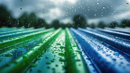 Aufkleber - Transparent green and blue roof panels with raindrops and a blurred cloudy background creating a serene atmospheric effect.