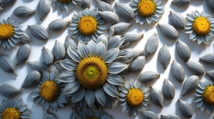 Aufkleber - Decorative arrangement of gray sunflower seeds and flowers on a white background showcasing natural textures and vibrant colors.