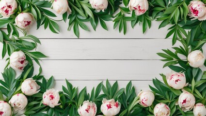 Aufkleber - Peony Flowers and Green Leaves Frame on White Wooden Background with Empty Space for Text for Invitations or Announcements