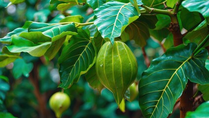 Poster - Lush green guava leaves with a close-up view of developing fruit showcasing vibrant natural foliage in a tropical garden setting.