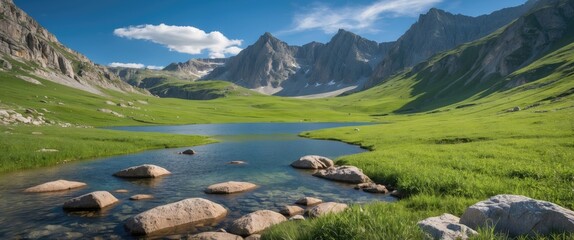 Poster - Serene Mountain Landscape With Clear Lake Green Meadow And Bright Blue Sky Under Majestic Peaks