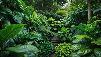 Leinwandbilder - Lush Green Tropical Foliage with Dense Leafy Plants Creating a Serene Natural Pathway in a Tranquil Garden Setting