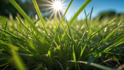 Poster - Vibrant Green Grass Closeup Under Sunlight with Lens Flare Effects in Early Morning Natural Setting