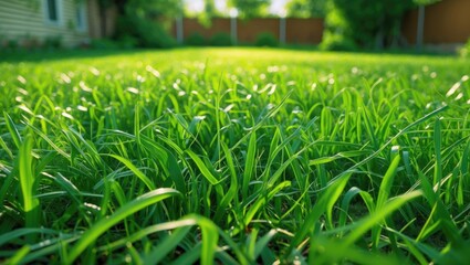 Poster - Lush green grass in a sunlit yard creating a serene and fresh outdoor atmosphere for relaxation and enjoyment.