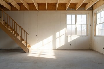 Wall Mural - Light and Shadow: A side view of a basement under construction with wooden beams across the ceiling, casting shadows on the bare cement floor. 