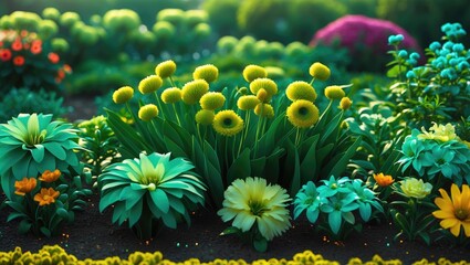 Aufkleber - Vibrant decorative flowerbed featuring an array of colorful blooms and lush greenery in a serene garden setting. Ideal for nature themes.