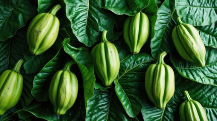 Poster - Green papaya and lush leaves overlapping creating a vibrant natural texture for backgrounds or organic design applications.