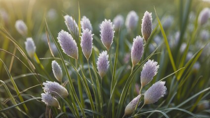 Fototapete - Delicate Lavender Grass Flowers Blooming in Sunlight with Soft Green Background