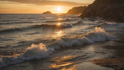 Aufkleber - Serene Sunset Over Rocky Shoreline With Golden Sunlight and Gentle Waves Reflecting on Water's Surface