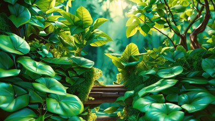 Fototapete - Lush green foliage with sunlight filtering through leaves creating a serene and tranquil natural environment in a dense forest setting.