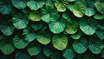 Poster - Lush green leaves densely layered creating a vibrant textured background ideal for nature themes and designs.