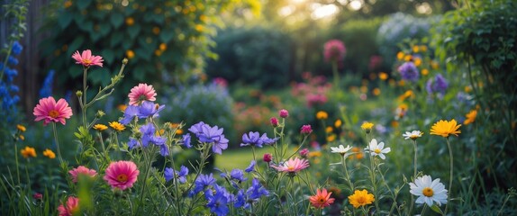 Wall Mural - Vibrant Colorful Flower Garden with Lush Green Foliage and Soft Background Light Ideal for Text Overlay and Nature Themes