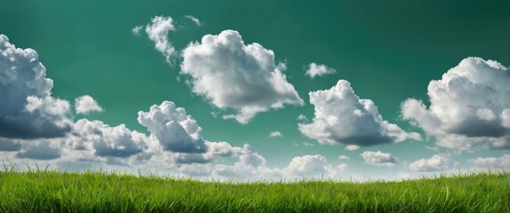 Aufkleber - Lush green grass landscape under a bright sky filled with fluffy clouds creating a serene and tranquil natural background.