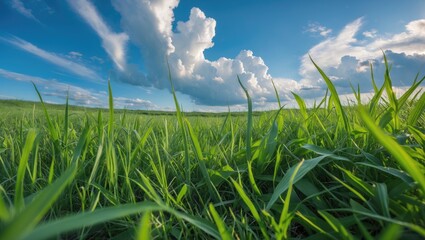 Aufkleber - Lush Green Grass Under a Vast Blue Sky Adorned with Fluffy White Clouds in a Serene Landscape Setting