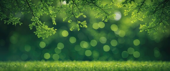 Poster - Lush Green Bokeh Background with Leaves and Blank Space for Text or Graphics Ideal for Nature-Themed Designs and Advertisements