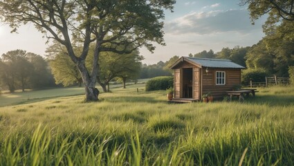 Aufkleber - Serene Countryside Scene Featuring Lush Grass, Trees and a Quaint Hut With Ample Space for Text Overlay Envisioning Nature's Tranquility