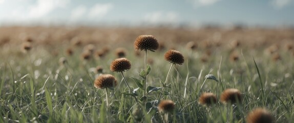 Aufkleber - Golden Brown Flowering Plants in a Lush Green Field Under a Clear Sky with Ample Space for Text Addition