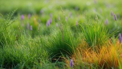 Aufkleber - Vibrant Green Grass and Colorful Wildflowers in a Natural Landscape Background