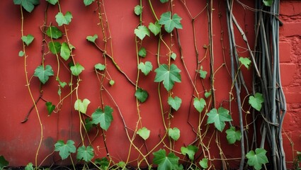Poster - Vibrant green vines cascading down a textured red wall creating a contrasting and natural decor element with a rustic charm.