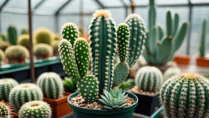 Aufkleber - Vibrant assortment of cacti and succulents in a greenhouse showcasing diverse textures and colors of desert plants in a nurturing environment