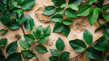 Poster - Lush green leaves arranged on an abstract natural background featuring textured earth tones and organic shapes for a serene ambiance.