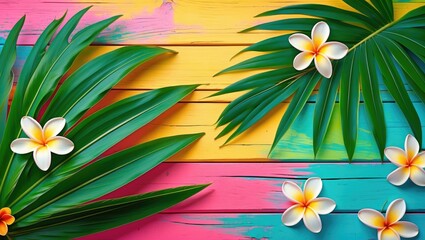 Poster - Tropical Palm Leaf and Frangipani Flowers on Vibrant Wooden Planks in a Top View Composition Celebrating Nature and Colorfulness.