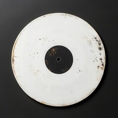 A worn, white vinyl record with a black label shows significant discoloration and dirt accumulation around its edges and label. It is photographed against a dark grey background.