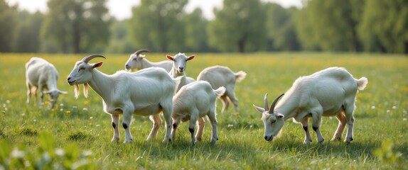 Aufkleber - Goats Grazing in a Sunny Meadow During Summer with Lush Green Grass and Open Space for Text Overlay