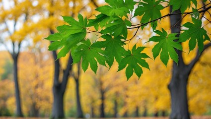 Aufkleber - Green maple leaves against a backdrop of vibrant yellow autumn trees showcasing the beauty of seasonal color contrast.