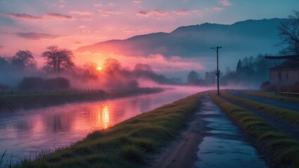 Poster - Serene Sunrise Over Misty River Pathway with Vibrant Colors and Space for Text in Tranquil Landscape Setting