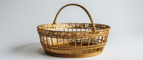 Fototapete - Elegant Golden Vintage Decorative Basket with Intricate Design on Isolated White Background