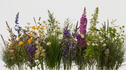 Wall Mural - Colorful Meadow Flowers and Wild Grasses Isolated on White Background for Natural and Floral Design Themes. Vibrant Botanical Border Display.