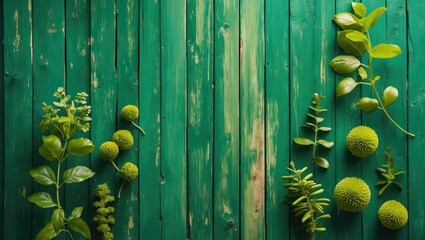 Aufkleber - Green wooden texture background with fresh leaves and decorative elements for natural design and creative copy space.