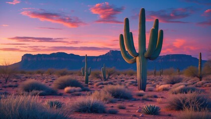 Poster - Majestic Saguaro Cactus in Desert Landscape at Dusk with Vibrant Sky and Open Space for Text or Graphic Elements