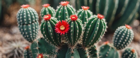 Leinwandbilder - Vibrant Green Cactus Blooms with Bright Red Flowers in a Desert Landscape Beautiful Flora and Nature Background