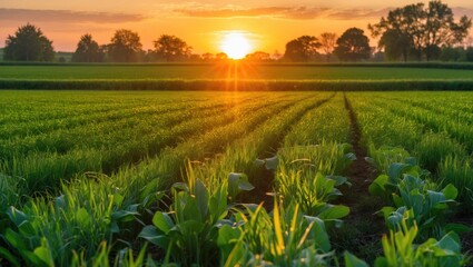 Poster - Vibrant sunset illuminating a lush green field with rows of crops under a colorful sky and silhouettes of trees in the background