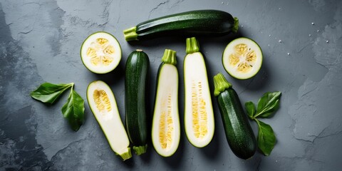 Wall Mural - Freshly Cut Zucchini Varieties Displayed on Grey Surface with Space for Text and Green Basil Leaves Garnish