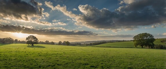 Fototapete - Lush Green Pasture Under Dramatic Sky at Sunset with Rays of Light and Patches of Clouds Near Trees in Countryside Landscape