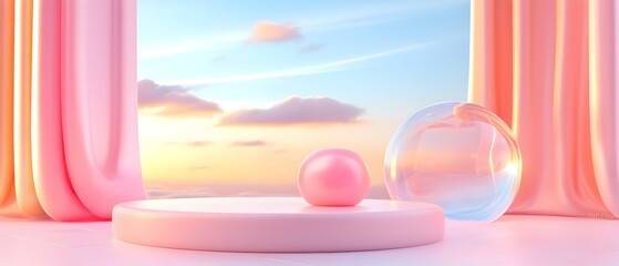 Wall Mural - A pink and clear sphere sits on a white pedestal in front of a pink curtain