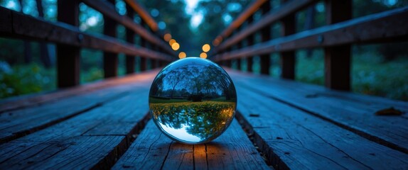 Leinwandbilder - Glass Sphere on Wooden Pathway Reflecting Nature During Twilight Hours. Captivating Landscape Photography.