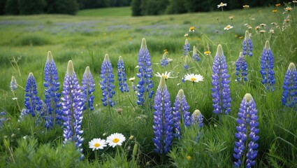 Aufkleber - Lush Green Meadow Featuring Vibrant Purple Lupins and White Daisies with Ample Copy Space for Text or Branding Elements