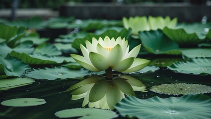 Poster - Serene Green Lotus Blooming in Tranquil Water Pool with Reflection and Abundant Lily Pads for Text Placement