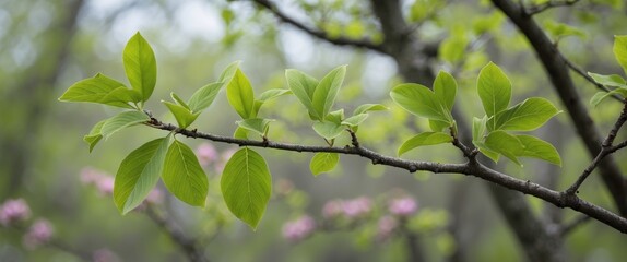 Aufkleber - Fresh Green Leaves on Branch Symbolizing Spring Growth and Renewal in Nature