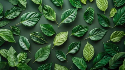 Aufkleber - Diverse green leaves arranged on a dark background for a vibrant nature-inspired backdrop or design element.