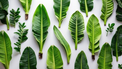 Leinwandbilder - Tropical Green Banana Leaves Flat Lay Natural Texture with White Background for Design and Copy Space
