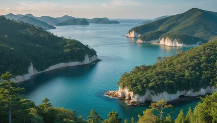 Poster - Forest Overlook with Coastline and Bays Scenic View of Lush Green Forests Meeting Calm Sea Empty Space for Text and Design